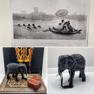 LOT 169: Vintage Asian Collection - "The Japanese Ferry" by Paul M. Lenoir, PINX Artwork, Carved Elephant Figurine, Inlay Wood...
