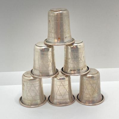 LOT 170: Set of Six Sterling Silver Star of David LG Leo Gersting Old Kiddush Cups- TW 81.61g