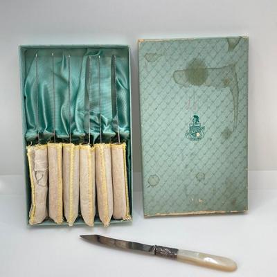 LOT 172: Vintage Set of Six Stainless / Sterling Handled Knives and One Numsen Bros Sterling Banded / Mother of Pearl Handle Knife
