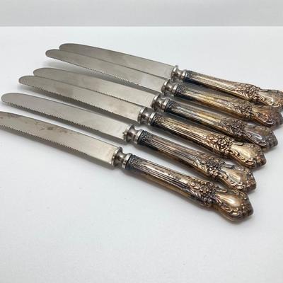 LOT 172: Vintage Set of Six Stainless / Sterling Handled Knives and One Numsen Bros Sterling Banded / Mother of Pearl Handle Knife
