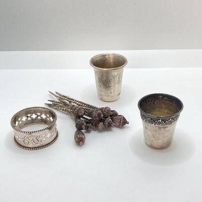 LOT 175: Vintage Silver / Non-Magnetic Entertaining Collection - TW 11.64g Napkin Holder, (Ornate Twisted Toothpicks and Shot Glasses)...