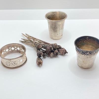 LOT 175: Vintage Silver / Non-Magnetic Entertaining Collection - TW 11.64g Napkin Holder, (Ornate Twisted Toothpicks and Shot Glasses)...
