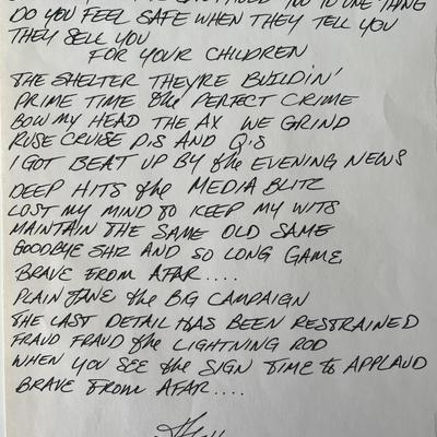 Red Hot Chili Peppers Brave From Afar Anthony Kiedis handwritten signed lyrics- GFA authenticated