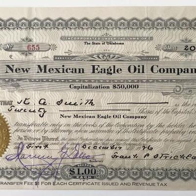1926 New Mexican Eagle Oil Company Signed Stock Share Certificate
