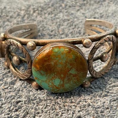 LOT 108 FABULOUS STERLING TURQUOISE NATIVE AMERICAN CUFF BRACELET