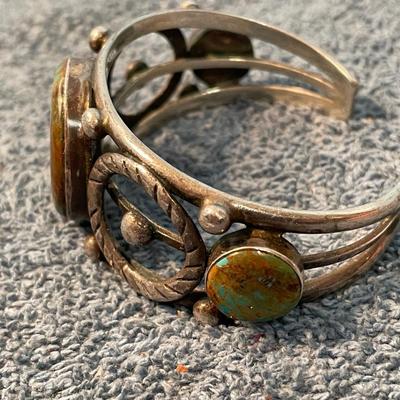 LOT 108 FABULOUS STERLING TURQUOISE NATIVE AMERICAN CUFF BRACELET