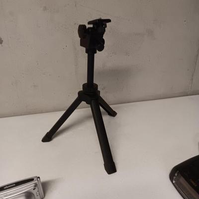 SMALL TRIPOD W/MOUNT, TIMEX TRAVEL ALARM CLOCK AND RADIO ALARM CLOCK