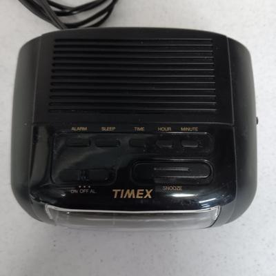 SMALL TRIPOD W/MOUNT, TIMEX TRAVEL ALARM CLOCK AND RADIO ALARM CLOCK