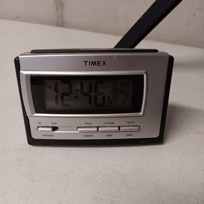 SMALL TRIPOD W/MOUNT, TIMEX TRAVEL ALARM CLOCK AND RADIO ALARM CLOCK