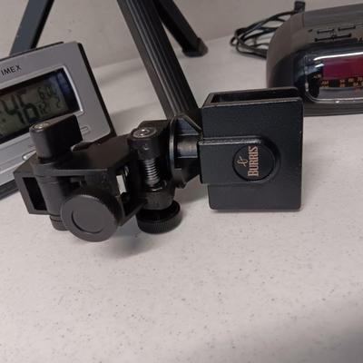 SMALL TRIPOD W/MOUNT, TIMEX TRAVEL ALARM CLOCK AND RADIO ALARM CLOCK