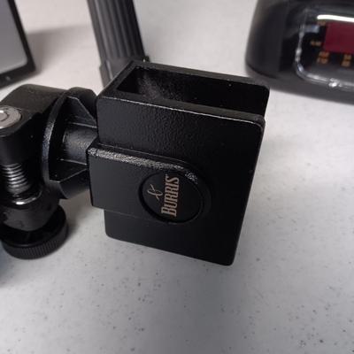 SMALL TRIPOD W/MOUNT, TIMEX TRAVEL ALARM CLOCK AND RADIO ALARM CLOCK