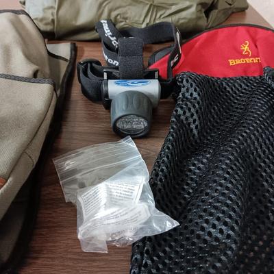 SHOTGUN CLEANER, BELT POUCHES, HEADLIGHT AND RAIN PONCHO