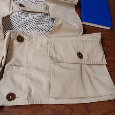 ORVIS CANVAS AND LEATHER BAG, FISHING VEST (L), JOURNAL AND KNOT TYING BOOK