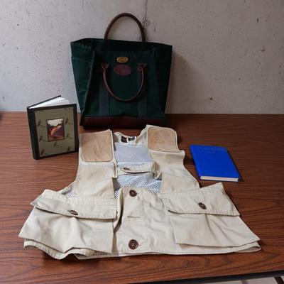 ORVIS CANVAS AND LEATHER BAG, FISHING VEST (L), JOURNAL AND KNOT TYING BOOK