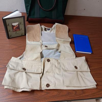 ORVIS CANVAS AND LEATHER BAG, FISHING VEST (L), JOURNAL AND KNOT TYING BOOK
