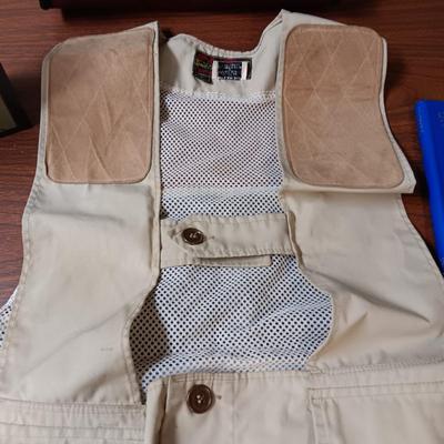 ORVIS CANVAS AND LEATHER BAG, FISHING VEST (L), JOURNAL AND KNOT TYING BOOK