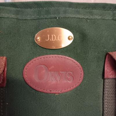 ORVIS CANVAS AND LEATHER BAG, FISHING VEST (L), JOURNAL AND KNOT TYING BOOK