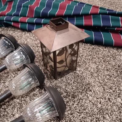 PATIO UMBRELLA IN GREAT SHAPE AND SOLAR LIGHTS