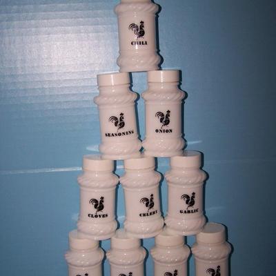 LOT 139 GREAT MCM MILK GLASS ROOSTER SPICE JARS