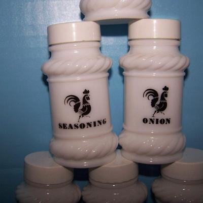 LOT 139 GREAT MCM MILK GLASS ROOSTER SPICE JARS
