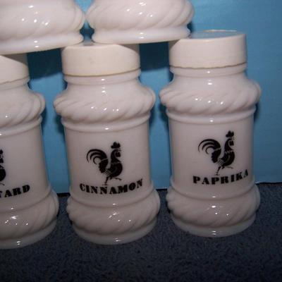 LOT 139 GREAT MCM MILK GLASS ROOSTER SPICE JARS