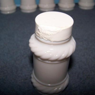 LOT 139 GREAT MCM MILK GLASS ROOSTER SPICE JARS