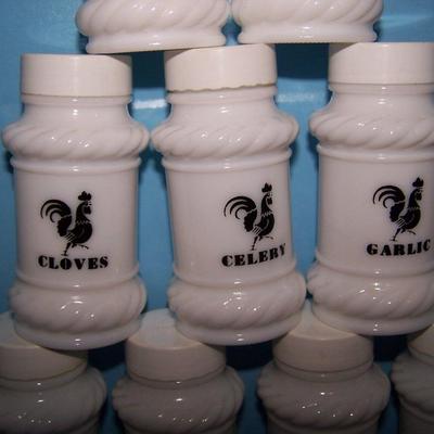 LOT 139 GREAT MCM MILK GLASS ROOSTER SPICE JARS