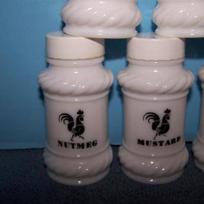 LOT 139 GREAT MCM MILK GLASS ROOSTER SPICE JARS