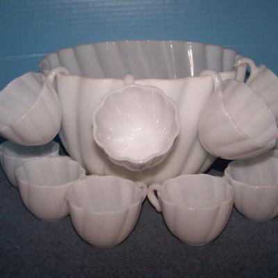 LOT 140 WONDERFUL MCM MILK GLASS PUNCH BOWL & 10 CUPS