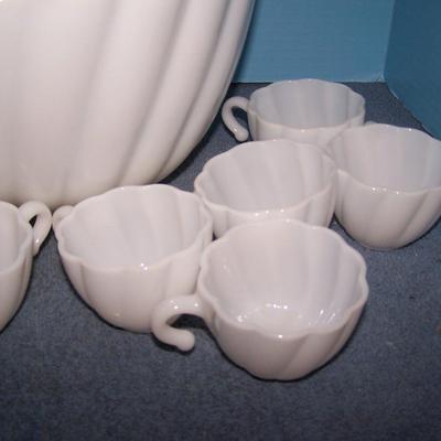 LOT 140 WONDERFUL MCM MILK GLASS PUNCH BOWL & 10 CUPS