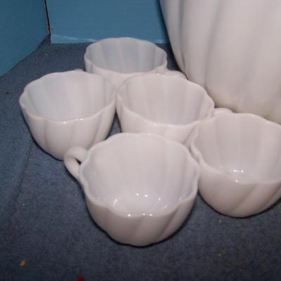 LOT 140 WONDERFUL MCM MILK GLASS PUNCH BOWL & 10 CUPS
