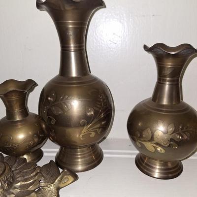 3 pc Brass Etched Vases