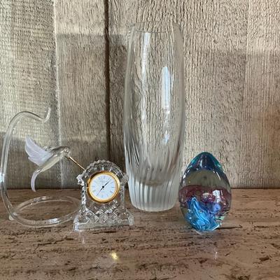 K1038 Waterford Crystal Clock , Art Glass Egg with Vase , Hummingbird Ornament