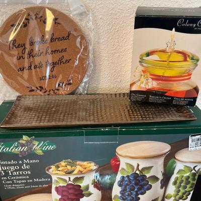 NIB ceramic canisters, terra-cotta bread warmer NIB, warmer, platters