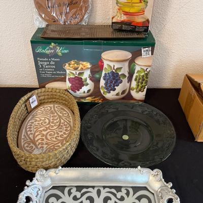 NIB ceramic canisters, terra-cotta bread warmer NIB, warmer, platters