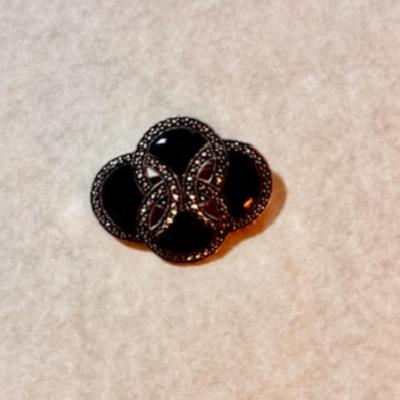 Sterling Marcasite Onyx Circle Brooch