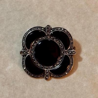 Sterling Art Deco Marcasite Onyx Brooch