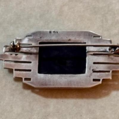 Sterling Art Deco Marcasite Onyx Brooch (S)