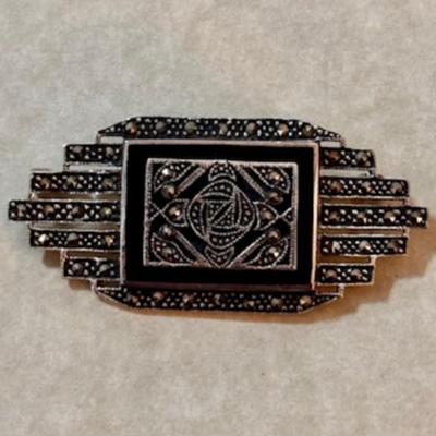 Sterling Art Deco Marcasite Onyx Brooch (S)