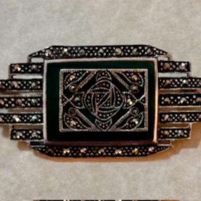 Sterling Art Deco Marasite Agate Brooch
