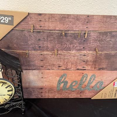 NIB distressed lantern, stand, Pier One “hello” frame, box, lantern