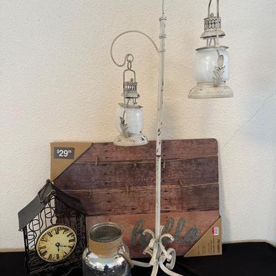 NIB distressed lantern, stand, Pier One “hello” frame, box, lantern