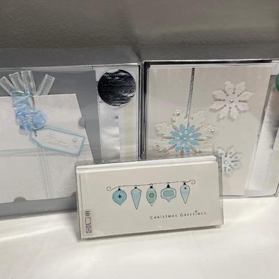 3 boxes of blue and white Christmas cards