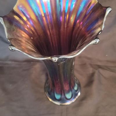 13" purple carnival glass vase