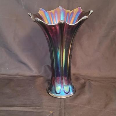 13" purple carnival glass vase
