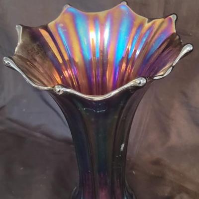 13" purple carnival glass vase
