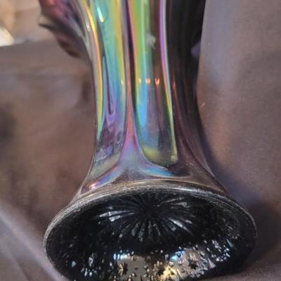 13" purple carnival glass vase