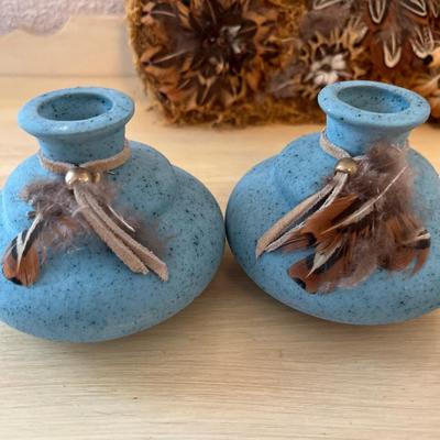 Feather centerpiece, vases, antlers