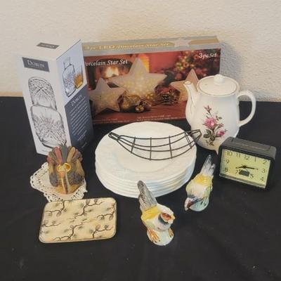 Grape milk glass plates, Dublin carafe, plus