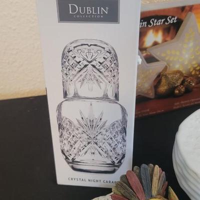 Grape milk glass plates, Dublin carafe, plus